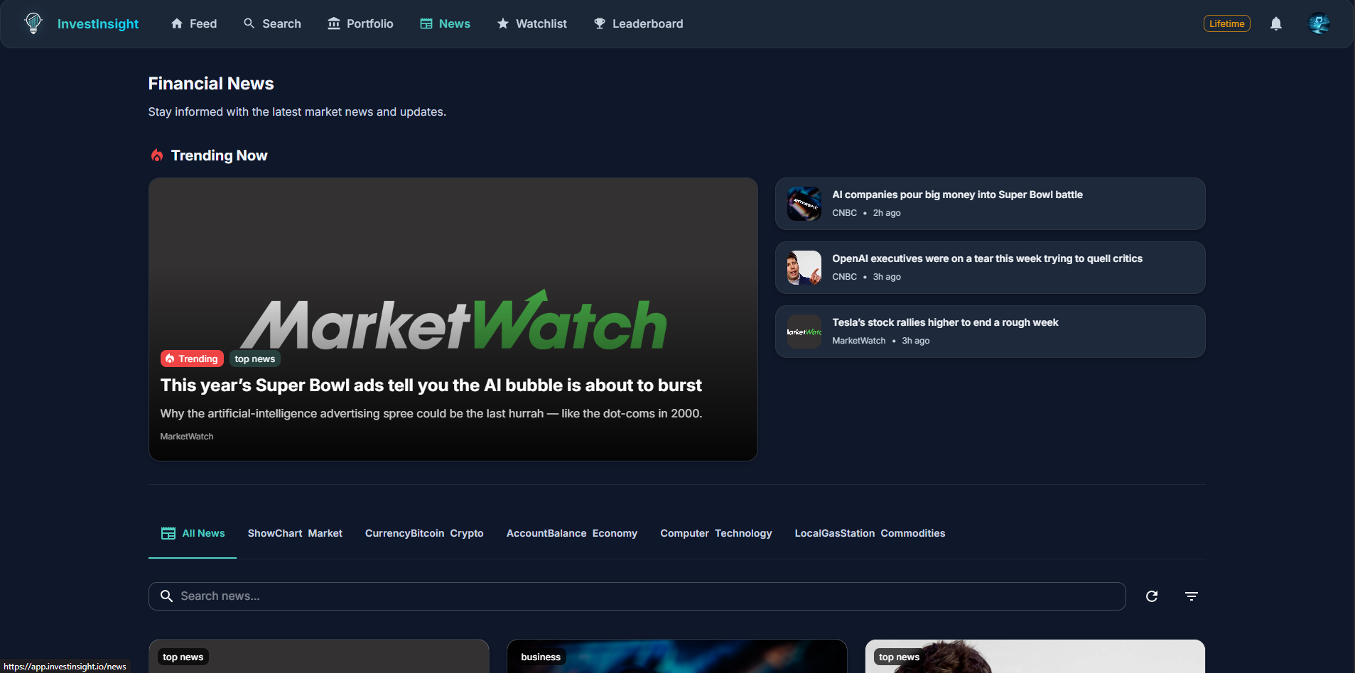 Financial news feed with MarketWatch articles