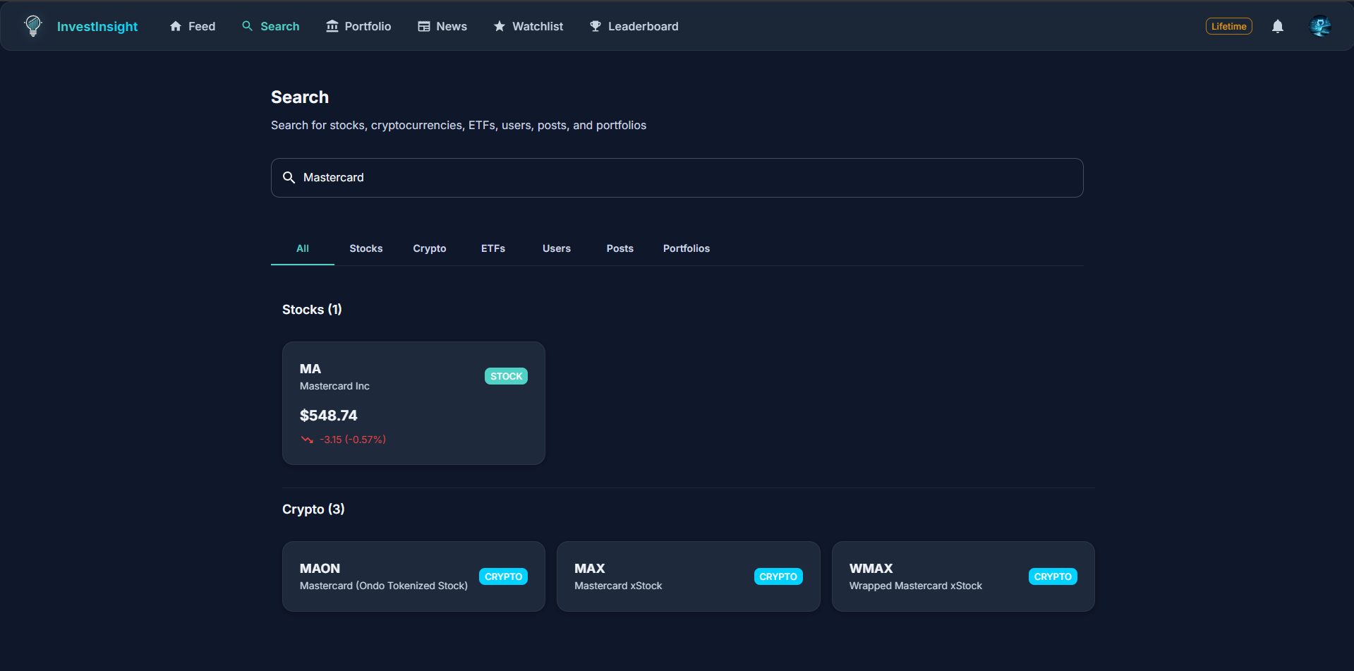 Search for stocks and crypto