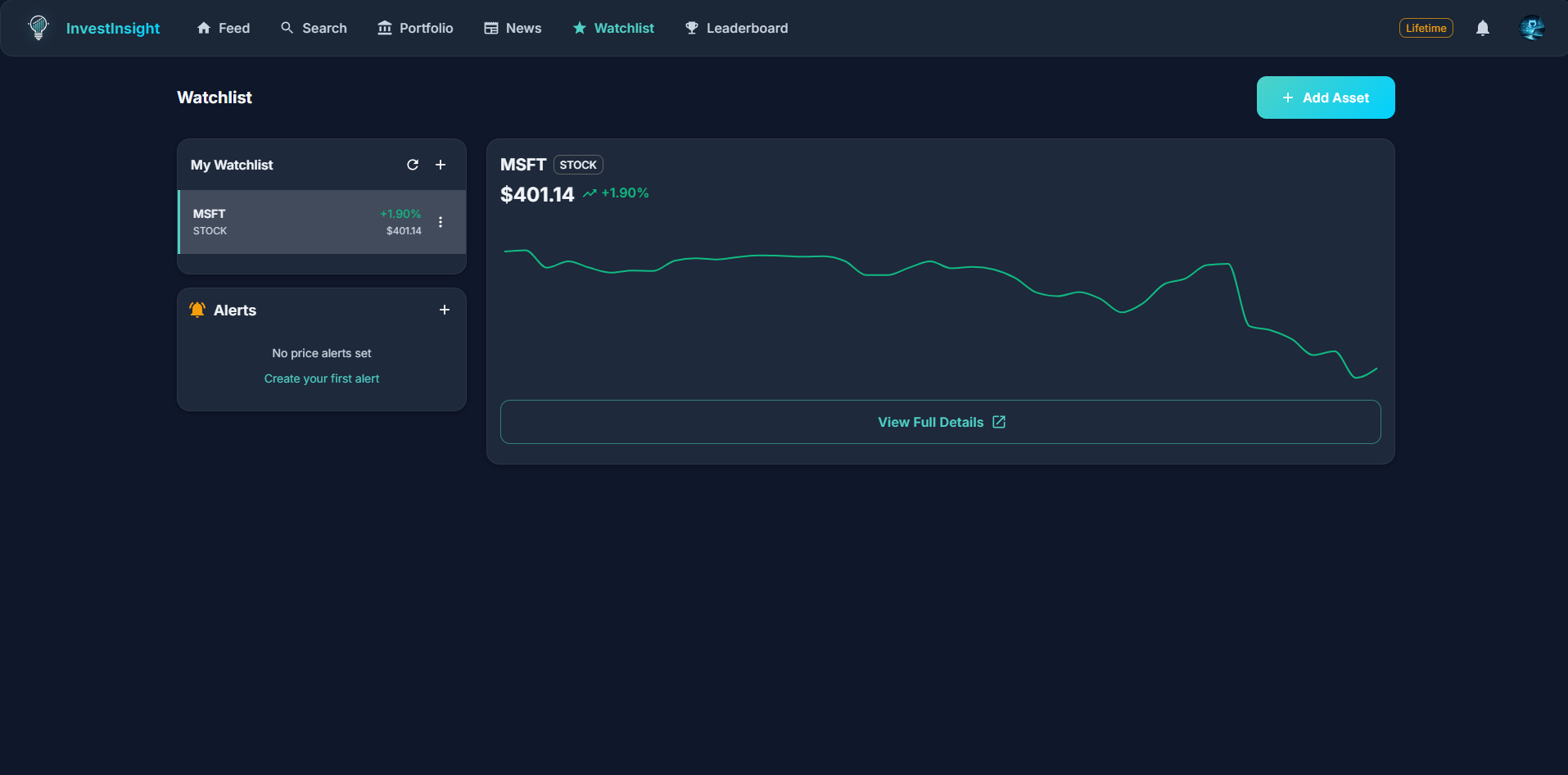 Watchlist with MSFT and price chart