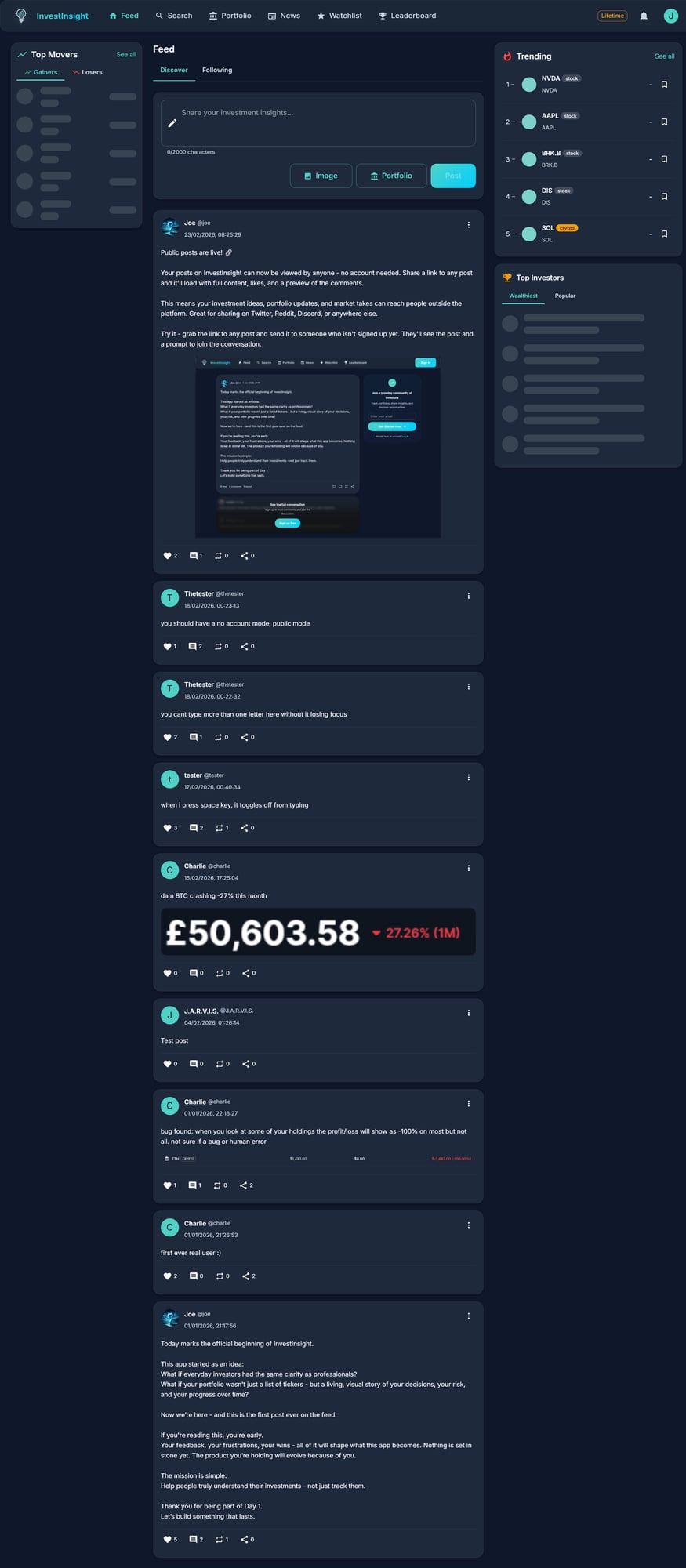 InvestInsight social feed showing investor posts and public portfolios